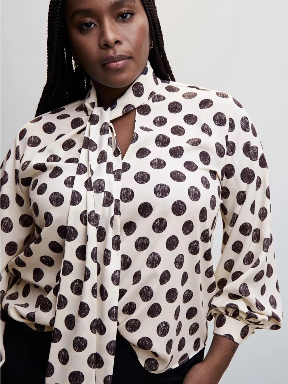 Mango Cream Blouse with Black Polka Dots and Tie Neck